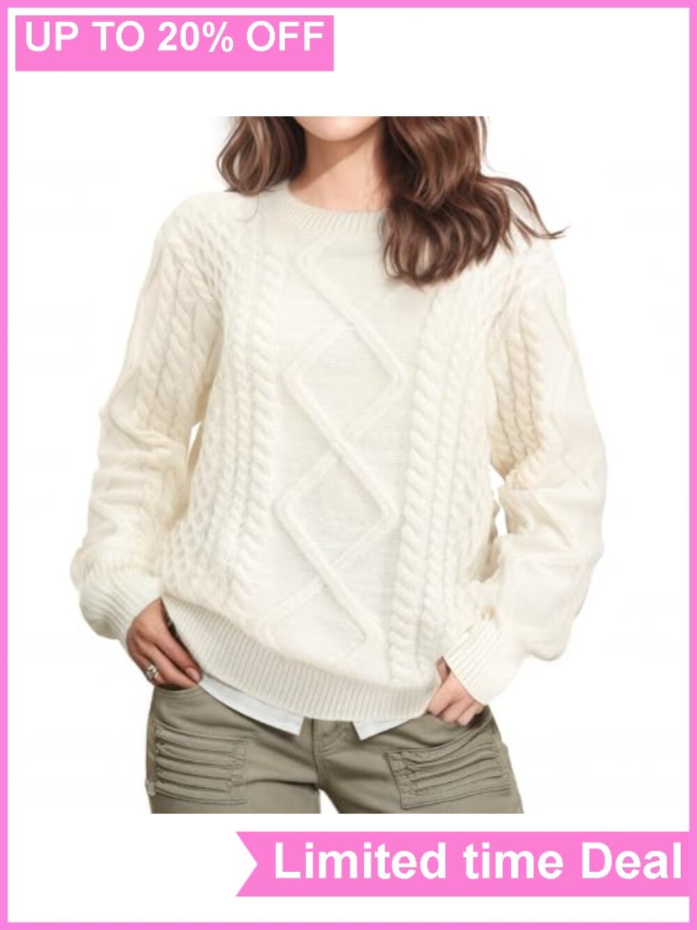 Cable Knit Crewneck Pullover Sweater Long Sleeve Polyester